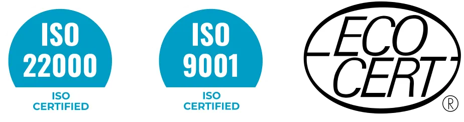 ISO 22000, ISO 9001 and ECOCERT certifications